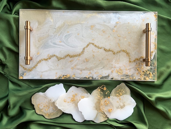 Delicate Gold, Gray and White Resin Marble Effect Tray With