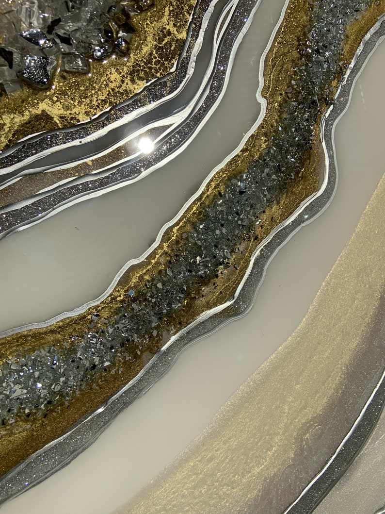 Arte de geoda de resina personalizado/arte de resina de oro blanco/resina de plata champán/abstracto de plata dorada/resina de oro blanco/arte moderno único/geoda abstracta imagen 8