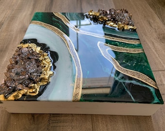 Emerald Green Gold|Custom|8x8 inch|resin geode|resin art|luxury art| Holiday table decor|abstract seascape resin on wood|crystal art| decor