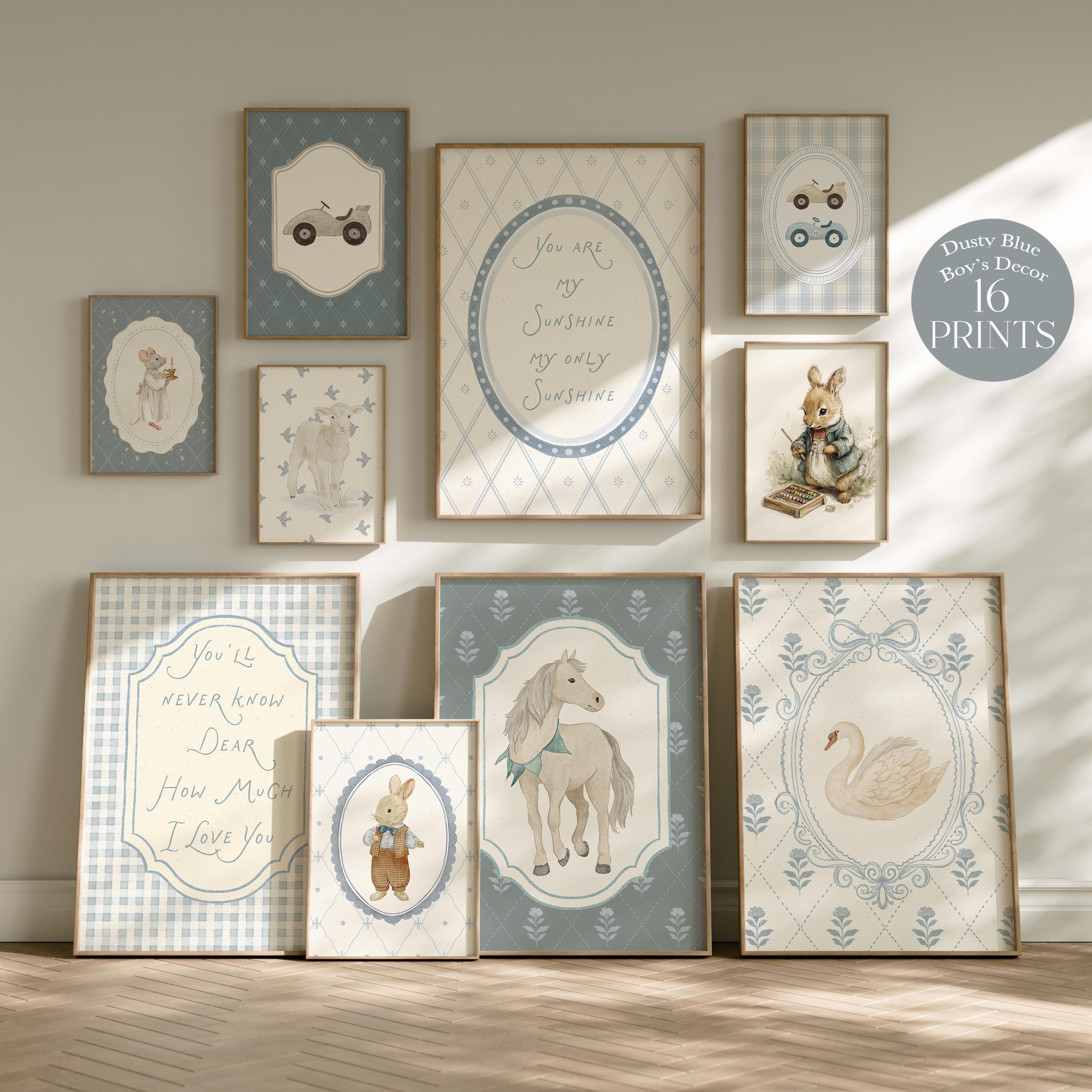 Cottagecore Nursery Wall Art Set, 16 Storybook Prints, Dusty Blue Baby ...