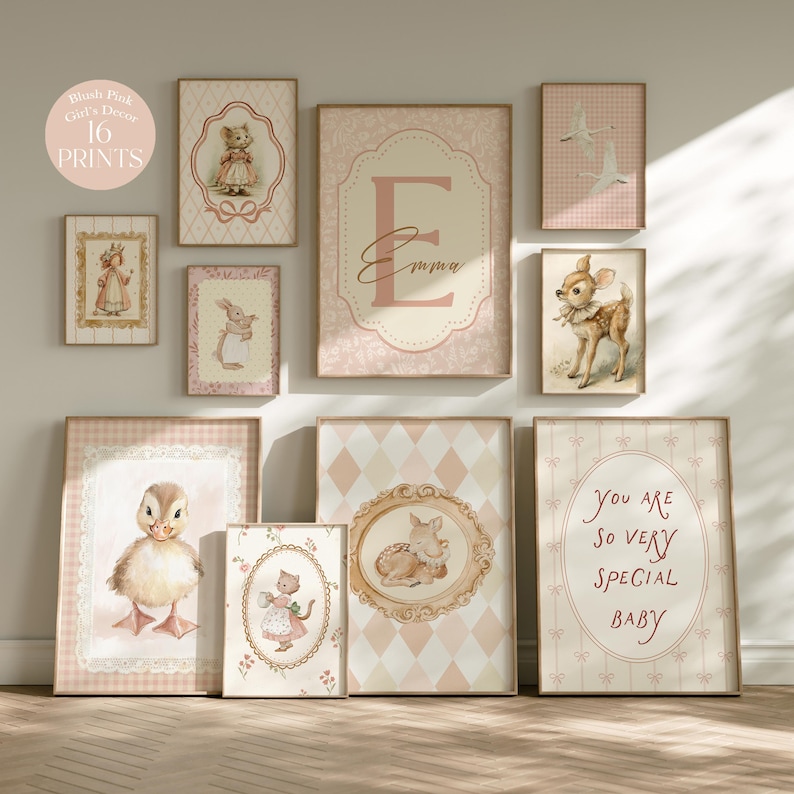 Cottagecore Nursery Wall Art Set, 16 Storybook Prints, Blush Pink Baby ...
