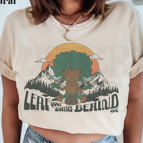 Meditative Tree Shirt - Retro Mindful Nature Tee with Mountain Sunset, Zen Tree Graphic for Spiritual Peace Seekers and Nature Lovers