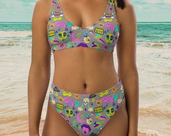 Trippy Bikini Set – Psychedelic Festival Swimsuit – Groovy Alien Print – High-Waisted Hippie Swimwear – Magic Mushroom UPF 50+ Beach Fit