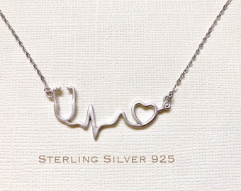 Sterling Silver stethoscope necklace, heartbeat necklace, EKG necklace, medical gift, nurse necklace, nurse gift