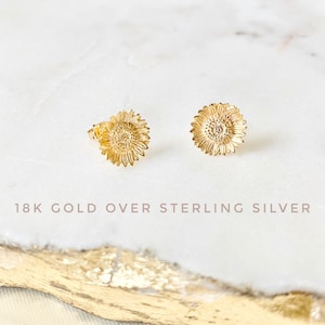 Clous d'oreilles tournesol or sur argent sterling, boucle d'oreille tournesol, clous tournesol, tournesol or, boucles d'oreilles fleurs, tournesol or rose