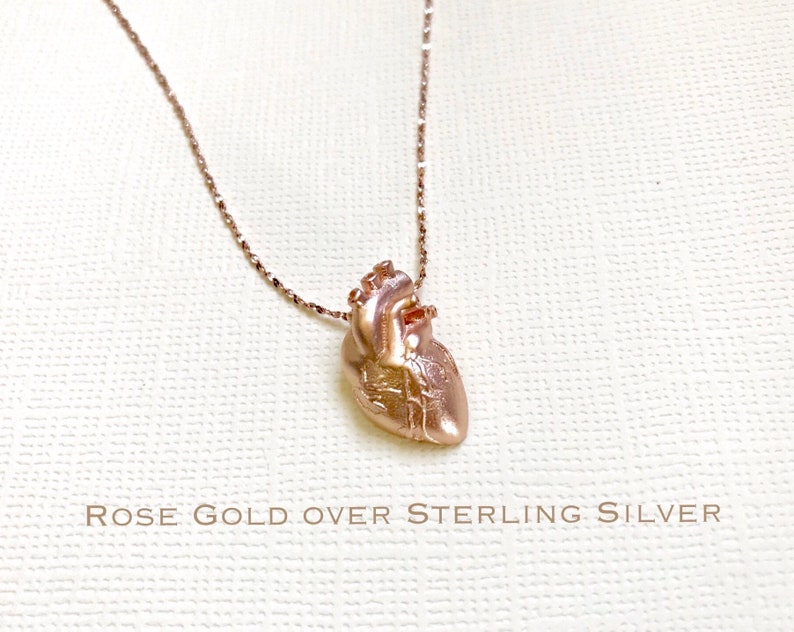 Rose Gold over Sterling Silver anatomical heart necklace, heart necklace, nurse necklace, medical gifts, anatomical heart, nurse gifts. med image 1