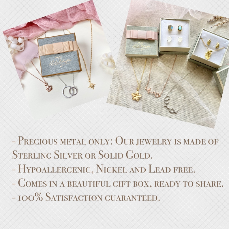 May include: A collection of delicate gold, silver, and rose gold necklaces and earrings presented in a gift box. The necklaces feature a star, a flower, and the words "Love" and "Mama". The earrings are a pair of small turquoise stones.