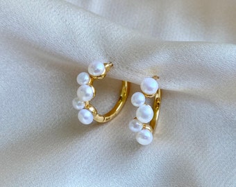 Sterling Silver freshwater Pearl earring, Pearl hoop earrings, Pear huggies, Organic Pearl, Pearl bridal earrings, Pearl earrings, bride