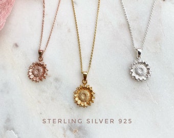 Gold over Sterling Silver Sunflower necklace, Sunflower necklace, Sunflower jewelry, Gold sunflower, Flower earrings, Rose Gold sunflower
