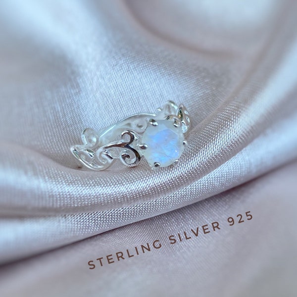 Anello Rainbow Moonstone, anello di vite, anello di promessa, gioielli di pietra di luna, anelli di pietra di luna, pietra di luna in argento sterling, anello di pietra di luna,