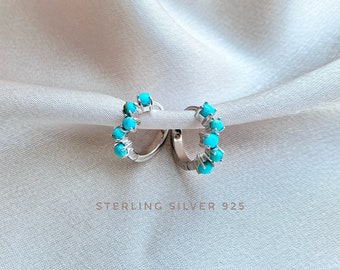 Sterling Silver turquoise earring, Turquoise  hoop earrings, Turquoise huggie,  Genuine turquoise, Tiny hoop earrings, bridesmaid gift