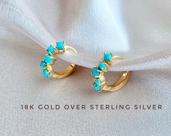 Sterling Silver turquoise earring, Turquoise  hoop earrings, Turquoise huggie, Genuine turquoise, Tiny hoop earrings, bridesmaid gift