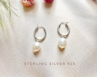 Sterling Silver freshwater Pearl earring, pearl hoop earrings,Organic Pearl, Gift for her, Pearl earrings, bridesmaid gift, Dangle earrings