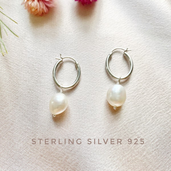 Sterling Silver freshwater Pearl earring, pearl hoop earrings,Organic Pearl, Gift for her, Pearl earrings, bridesmaid gift, Dangle earrings