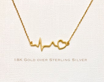 Gold over Sterling Silver heartbeat necklace, heartbeat necklace, EKG necklace, medical gifts, nurse necklace, doctor necklace, medical