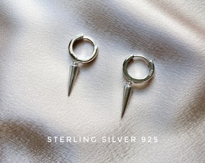 Sterling Silver spike earring, Spike hoop earrings, Spike huggie, Gift for her, Tiny hoop earrings, bridesmaid gift, Dangle earrings
