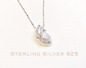 May include: A silver necklace with a detailed anatomical heart pendant. The pendant is made of sterling silver 925.