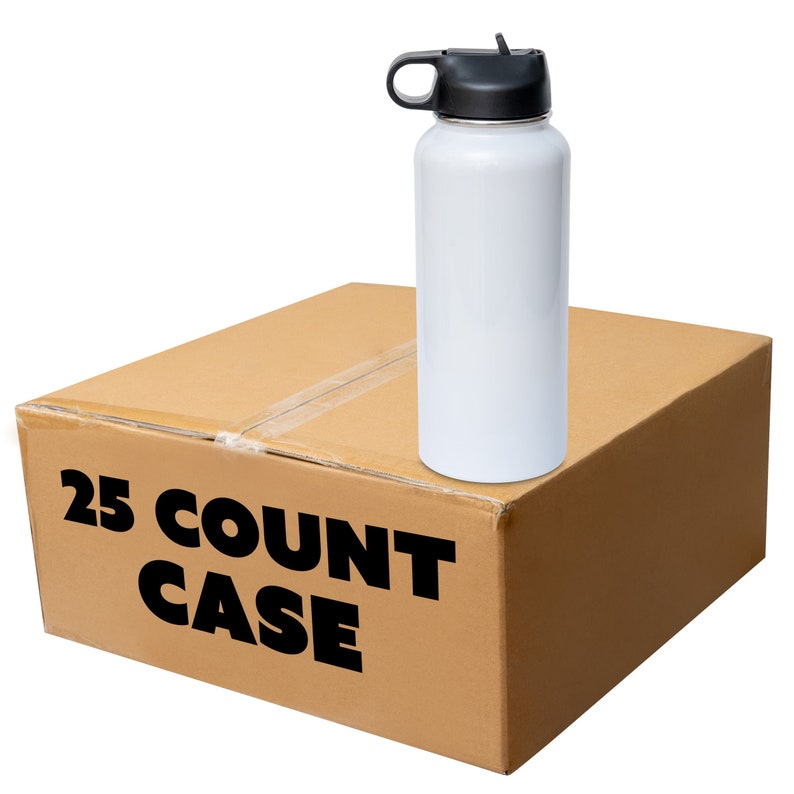 May include: A white insulated water bottle with a black lid and handle sits atop a cardboard box. The box is labeled "25 COUNT CASE" in bold black letters. The bottle is cylindrical and appears to be empty.