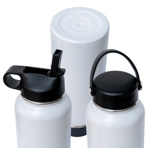 May include: White insulated water bottles with black lids. One bottle has a flip-top spout, another has a handle, and the third is a cylindrical bottle. All have a silver band near the base.