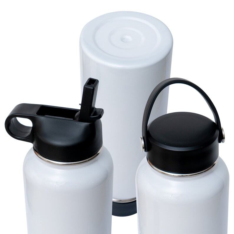 May include: White insulated water bottles with black lids. One bottle has a flip-top spout, another has a handle, and the third is a cylindrical bottle. All have a silver band near the base.