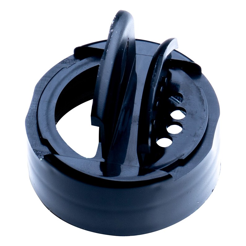 May include: A black plastic shaker lid with a round base and a raised, curved handle. The lid features a series of small holes and a hinged, slotted opening for dispensing contents. The design is simple and functional, suitable for various kitchen applications.