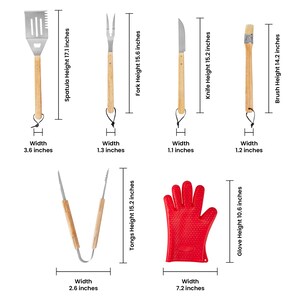 May include: A collection of barbecue tools with wooden handles: a spatula (43.4 cm high), fork (39.6 cm high), knife (38.6 cm high), brush (36.1 cm high), tongs (38.6 cm high), and a red silicone glove (26.9 cm high).