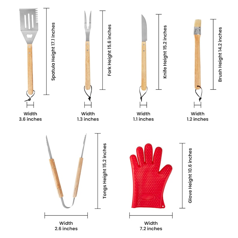 May include: A collection of barbecue tools with wooden handles: a spatula (43.4 cm high), fork (39.6 cm high), knife (38.6 cm high), brush (36.1 cm high), tongs (38.6 cm high), and a red silicone glove (26.9 cm high).
