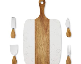 Bulk Marble Serving Board Set, Acacia Wood Handle Serving Board, Wholesale Marble Serving Board, 5pc Marble Board with Knife Set Tools
