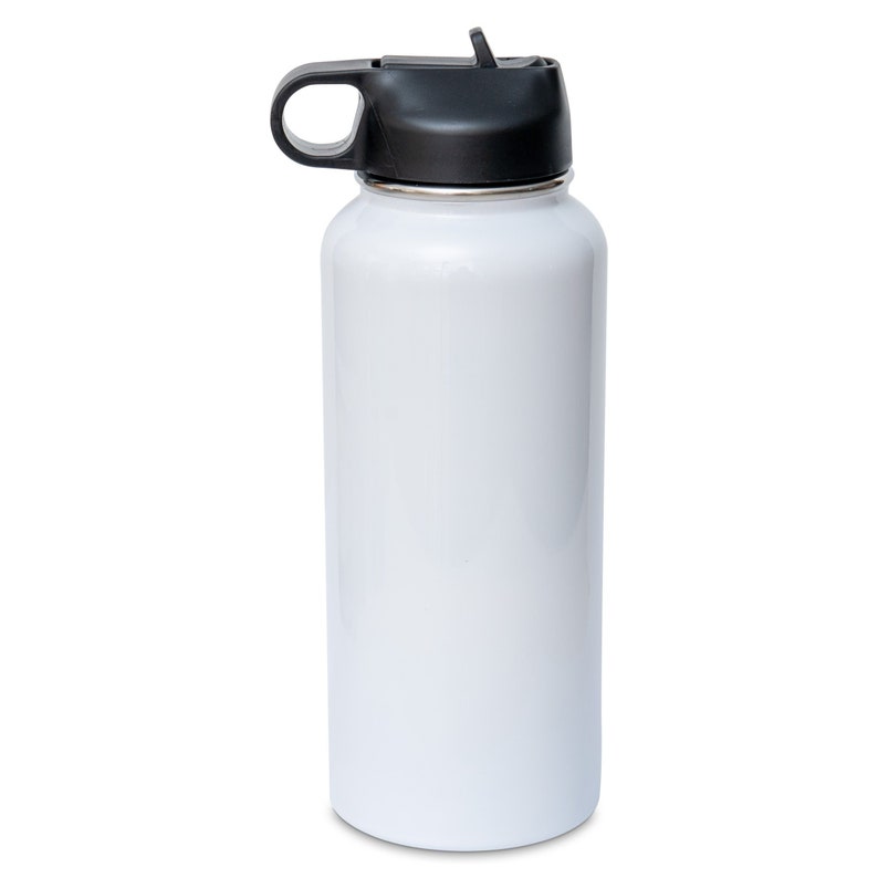 May include: A white insulated water bottle with a black lid and a built-in handle. The bottle has a silver rim and a sleek, cylindrical design. This reusable water bottle is ideal for staying hydrated on the go.