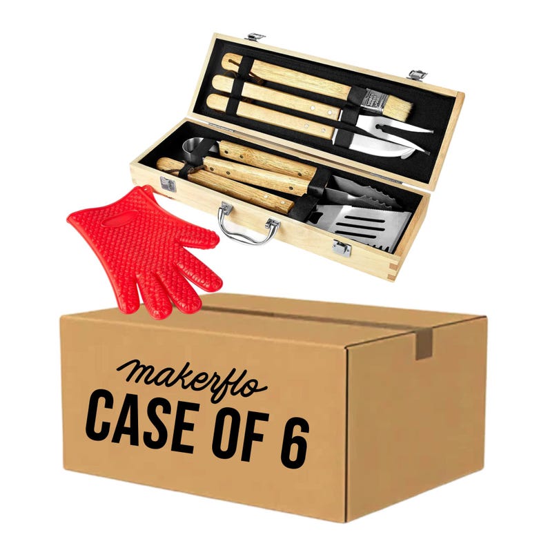 Bulk BBQ Grill Set, Wholesale Barbeque Grilling Tool Set, BBQ Accessories, Wooden BBQ Tool Case, 11 Piece bbq Grill Gift Set, Blank Tool Box Case of 6