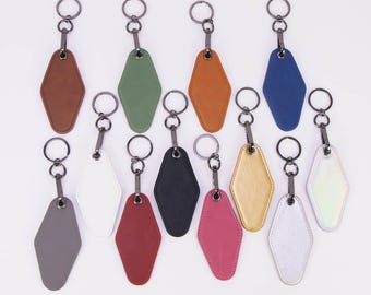 MakerFlo Laserette Retro Motel Keychain Pack of 12, Engravable Vegan Leather Keychain, Double-Sided Laser Engraving Blank