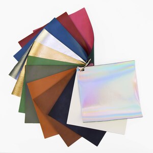 May include: A color swatch fan of leather samples in various colors, including red, blue, green, gold, and brown. The fan includes a holographic sample and is held together by a metal ring. The samples are arranged in a semi-circular pattern against a white background.