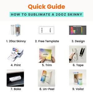 May include: A step-by-step guide on how to sublimate a 20oz skinny tumbler. The guide includes images of the process, from design and printing to baking and unpeeling. The text reads "Quick Guide" and "How to Sublimate a 20oz Skinny".