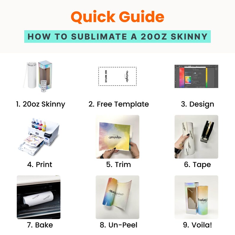 May include: A step-by-step guide on how to sublimate a 20oz skinny tumbler. The guide includes images of the process, from design and printing to baking and unpeeling. The text reads "Quick Guide" and "How to Sublimate a 20oz Skinny".