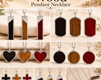MakerFlo Wood Pendant Necklace Blanks, Real Wood and Stainless Steel, Double-Sided Engravable Jewelry, Case of 12