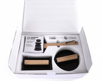 MakerFlo Smash Burger Set, Laser Engraving Ready BBQ Gift Set, Cast Iron Burger Press Kit with Rubberwood Board, Pack of 5