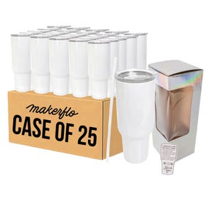 May include: A case of 25 white insulated tumblers with lids and straws. The cardboard box is labeled "makerflo CASE OF 25". A single tumbler and packaging are also shown.