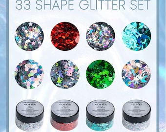 Glitter Shapes Variety Set of 33 – 1oz Jars, Holographic & Iridescent Shapes of Glitters for Tumblers, Epoxy Crafts, Slime, and DIY Projects