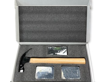 MakerFlo 16oz Wood Hammer DIY Gift Set with Nails, Level & Tape Measure – Magnetic Head Hammer with Beech Wood Handle, Laser Engraving Ready