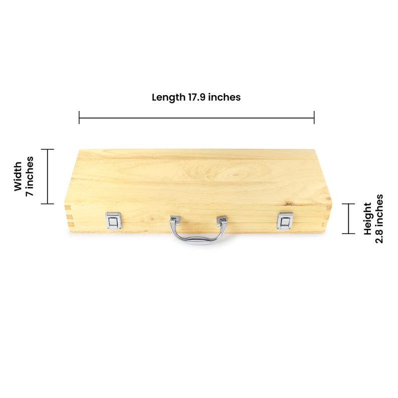 May include: A light-coloured wooden box with a silver handle and two silver latches. The box is 45.5 cm long, 17.8 cm wide, and 7.1 cm high. The box has a natural wood grain finish.