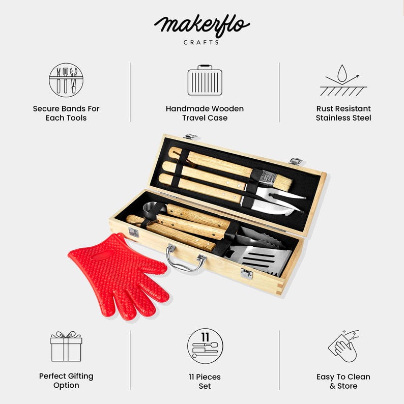 May include: A wooden travel case containing 11 rust-resistant stainless steel barbecue tools with wooden handles. A red silicone oven mitt is included. The case has a handle and secure bands for each tool.