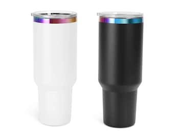 Vaso de 40 oz con recubrimiento de polvo iridiscente, tapa, pajita y asa / Preparado para grabado láser, UV DTF, epoxi y vinilo. Paquete de 25 unidades.