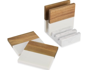 4pc Wood Marble Coaster Set with Stand, Wholesale Marble Coasters, Heavy Acacia Wood, Bulk Coaster Set, Laser Engraving Blanks
