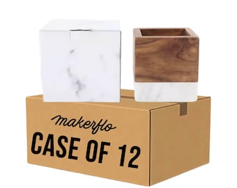 MakerFlo Marble And Acacia Wood Pen & Pencil Holder Case of 12, Engravable Desk Organizer, Gift Box Included