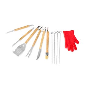 May include: A barbecue tool set featuring stainless steel utensils with wooden handles. Includes tongs, a spatula, a fork, a knife, a basting brush, skewers, and a red silicone glove.