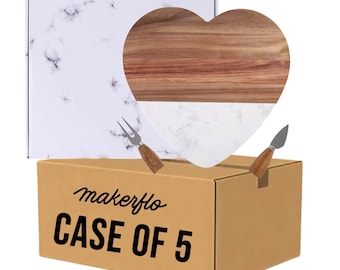 MakerFlo Marble & Acacia Wood Heart Serving Board Set Case of 5, Engravable Charcuterie Board, Gift Box Included