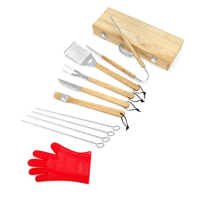 May include: A barbecue tool set with wooden handles and stainless steel heads, including a spatula, fork, knife, brush, skewers, and tongs. The set comes with a red silicone glove and is stored in a wooden box.