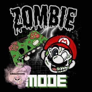 May include: A black background with a green and red zombie-themed video game controller and a zombie Mario character. The text "Zombie Mode" is in white with a green outline.