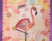 Quilted Wall Art, Pink Flamingo Dragonfly