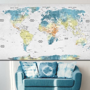 Impression de carte du monde, carte du monde, art mural bleu clair, impression de carte sur toile, impression de plusieurs panneaux, carte de voyage, tenture murale, décoration pour salon ou bureau